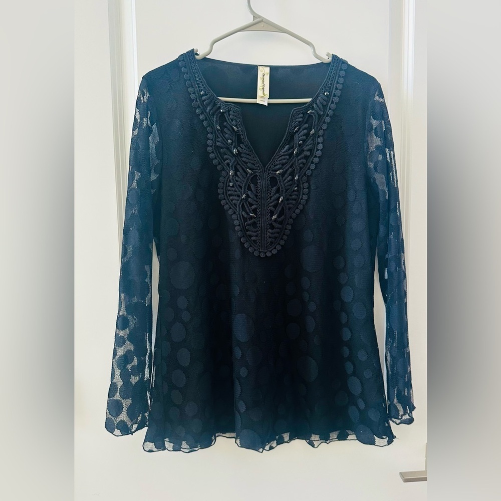 Decorated originals Elegant Black Lace Women's beaded v neck Whimsigoth Large